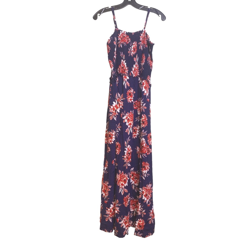 Pacific Vibes Dress Womens Extra Large Bloomcore Navy Red Maxi Smocked‎ Sundress